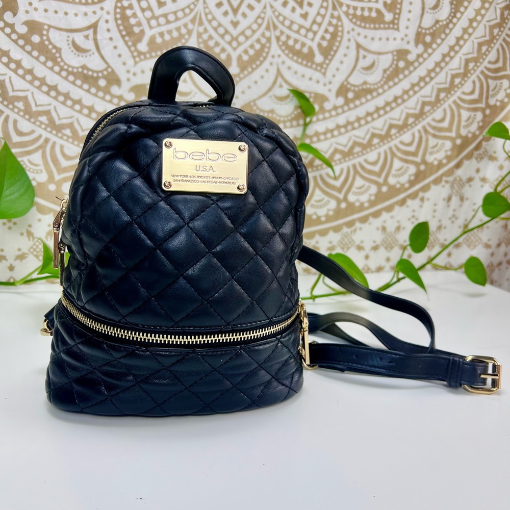 bebe USA mini faux leather quilted black backpack